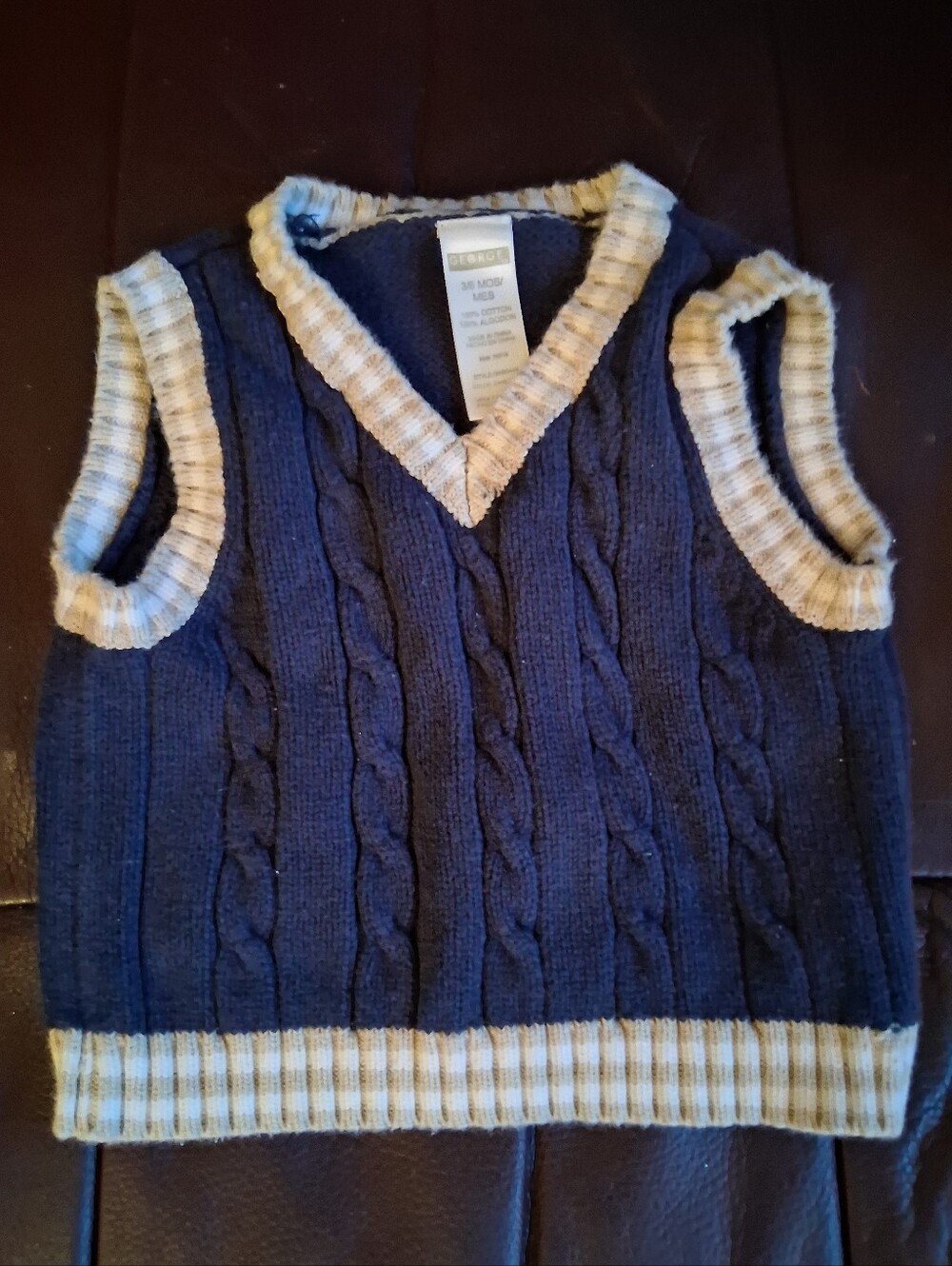 Baby Navy Cable Knit Vest with Cream Trim